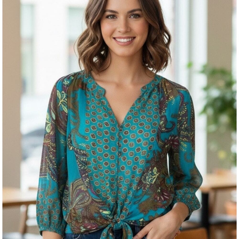 Olive Hill semi sheer paisley patchwork tunic blouse
